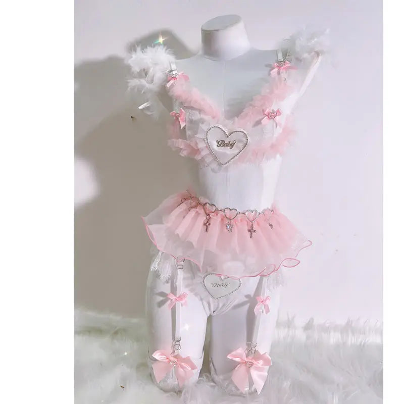 Soft pink wireless bralette with lace trim, Sugar Baby lingerie set, ideal for DDLG and kawaii styles