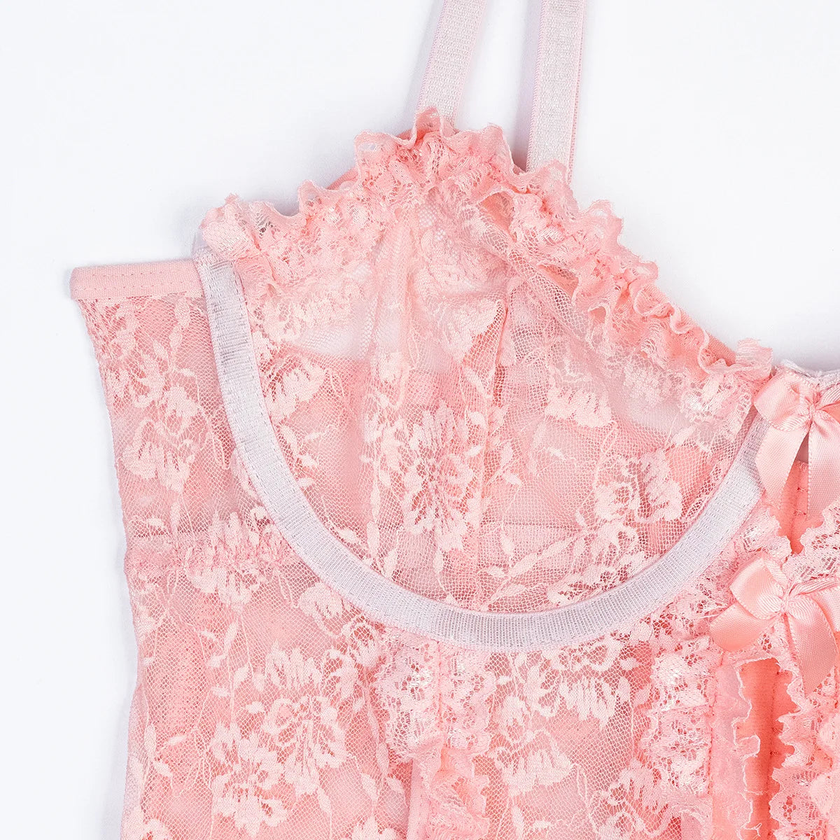 close-up pastel pink Sugar Cream Doll lingerie showing delicate lace and mesh texture