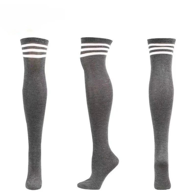 Stylish gray and white striped thigh-high stockings for cute baddie and babycore fits