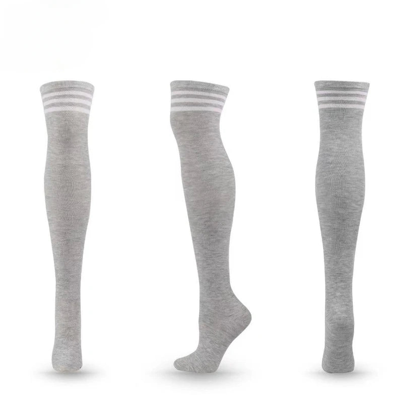 Light gray and white striped thigh-high stockings for trendy cute baddie outfits