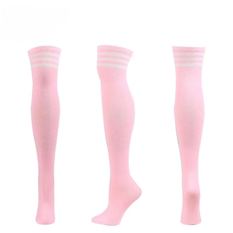 Soft pastel pink and white striped thigh-high socks for kawaii DDLG and pastelcore looks