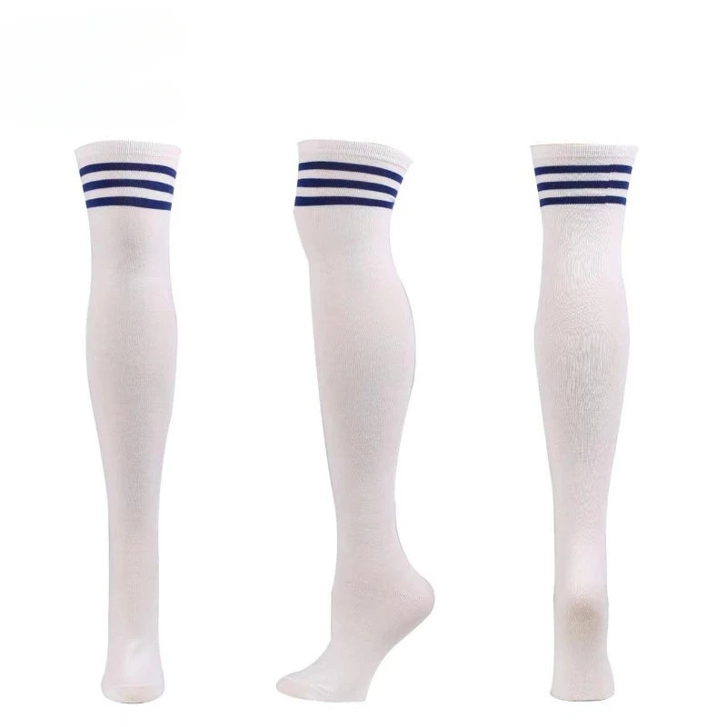 White and dark blue striped thigh-high stockings for cutecore and pastel fashion