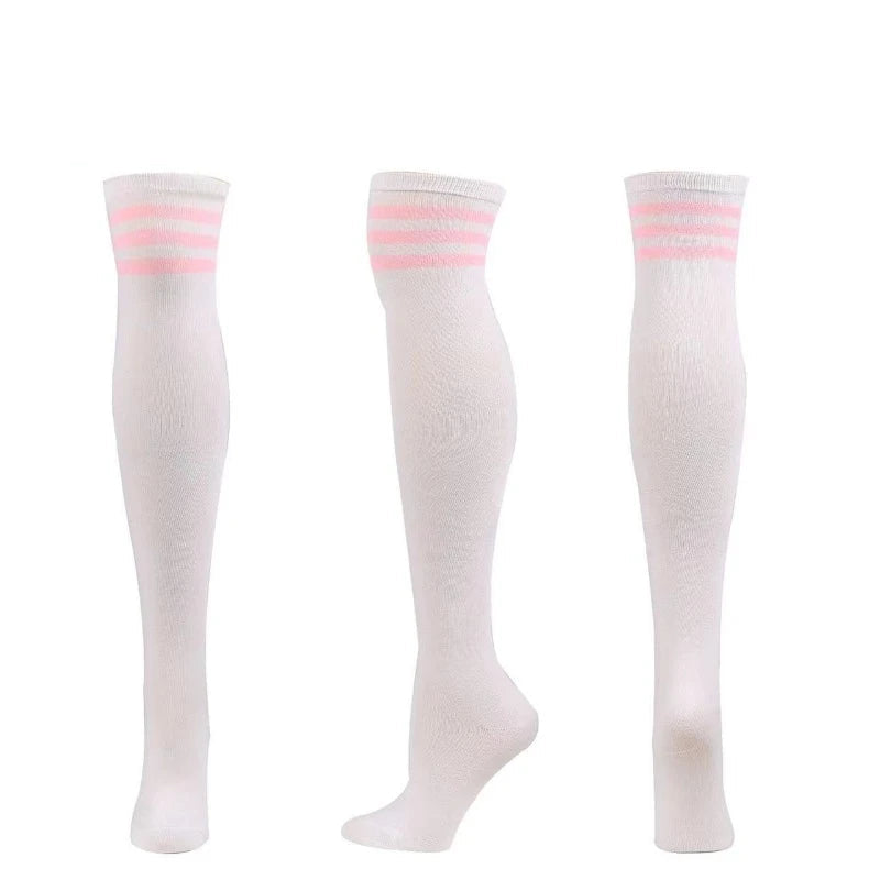 Cute pastel white and pink striped thigh-high stockings for DDLG and babycore outfits