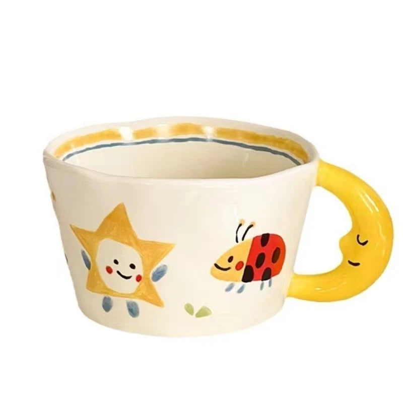 Magical pastel mug with crescent moon handle, happy sun face, and ladybug smiles for soft girl and kawaii vibes