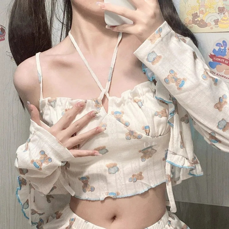 Super cute teddy bear print Lolita loungewear cozy 3-piece outfit for relaxing