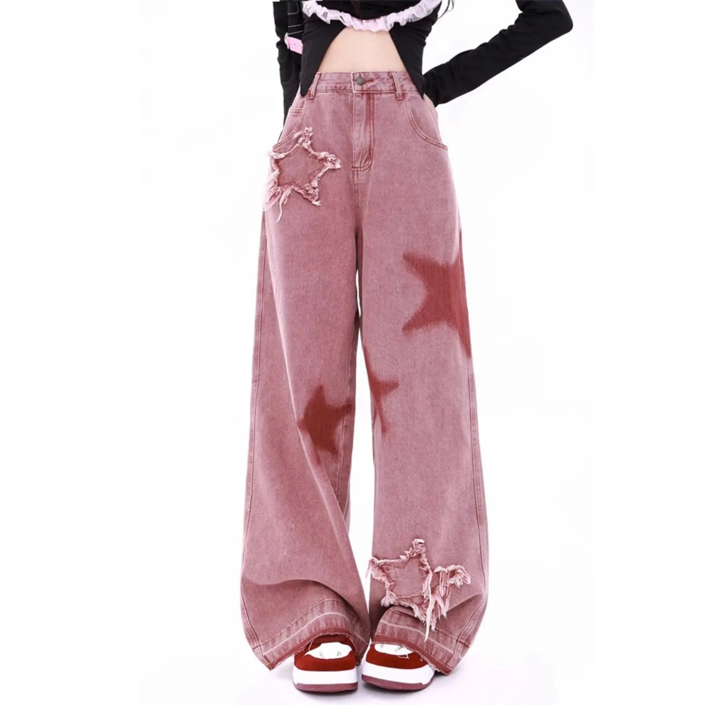 Supernova pink glow jeans with star prints for kawaii ddlg baddie outfits