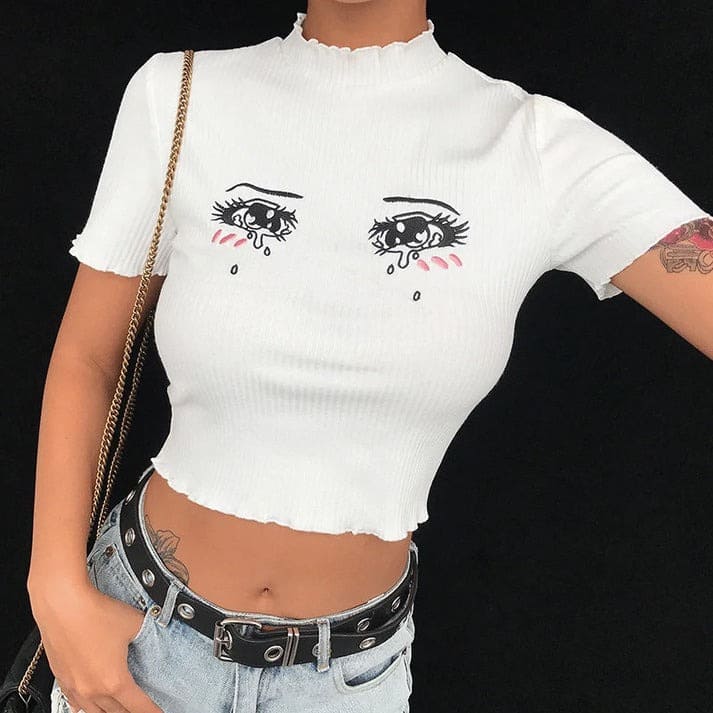 Sweet Cry Baby anime graphic tee with short sleeves, slim fit crop style for trendy streetwear vibes.