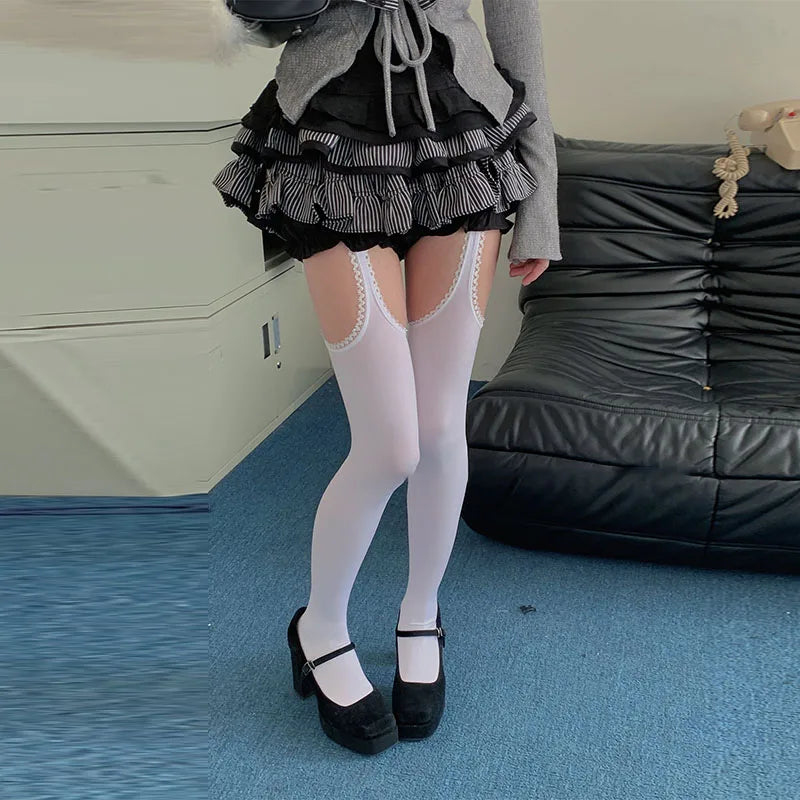 Classic white cut-out thigh-high stockings with minimal lace detail, perfect for soft girl and DDLG play.