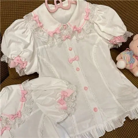 Sweet pastel puff sleeve Lolita top with Peter Pan collar and kawaii details