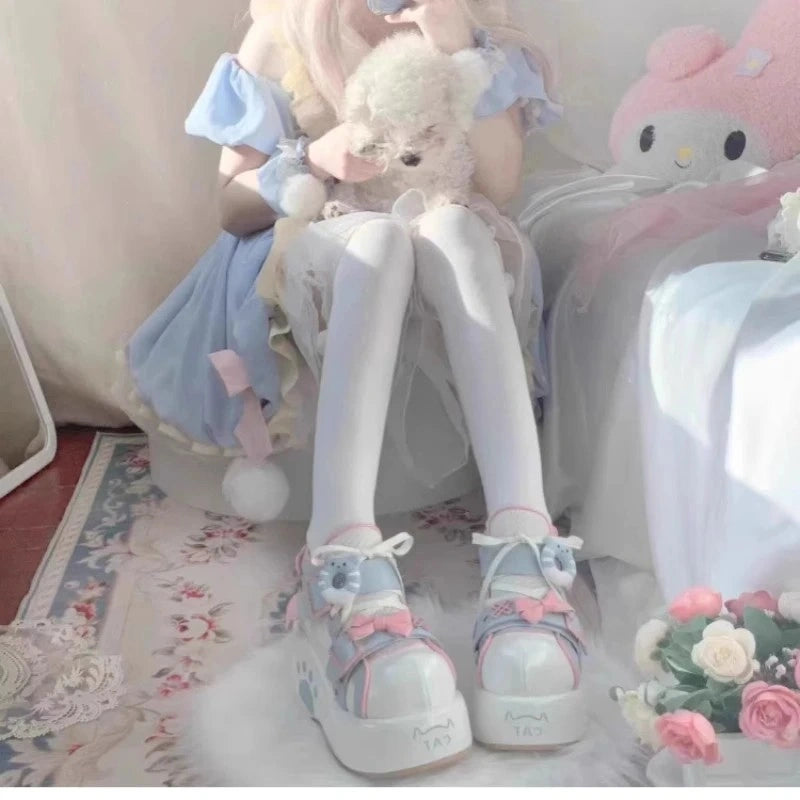 Sweet Paw Kitty Kawaii Sneakers baby blue with playful star prints and pink bows, kawaii ddlg shoes for soft girl pastel outfits