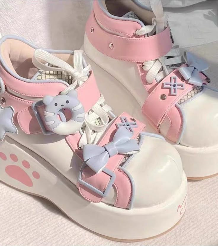 Sweet Paw Kitty Kawaii Sneakers — pastel sneakers with paw and star prints, double bows, soft padding, perfect for DDLG, cutecore, kawaii, pastelcore, and soft girl fashion