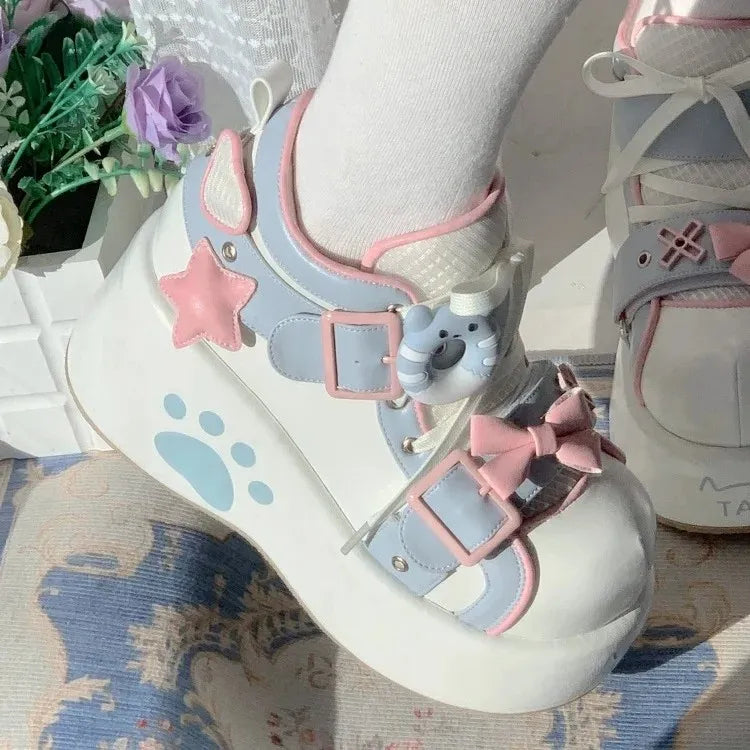 Sweet Paw Kitty Kawaii Sneakers light blue with kitty motif and bows, soft girl ddlg kawaii sneakers for pastel outfits