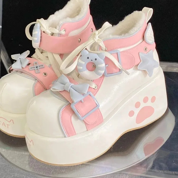 Sweet Paw Kitty Kawaii Sneakers light pink with star and paw prints, kawaii ddlg pastel sneakers for babycore fashion