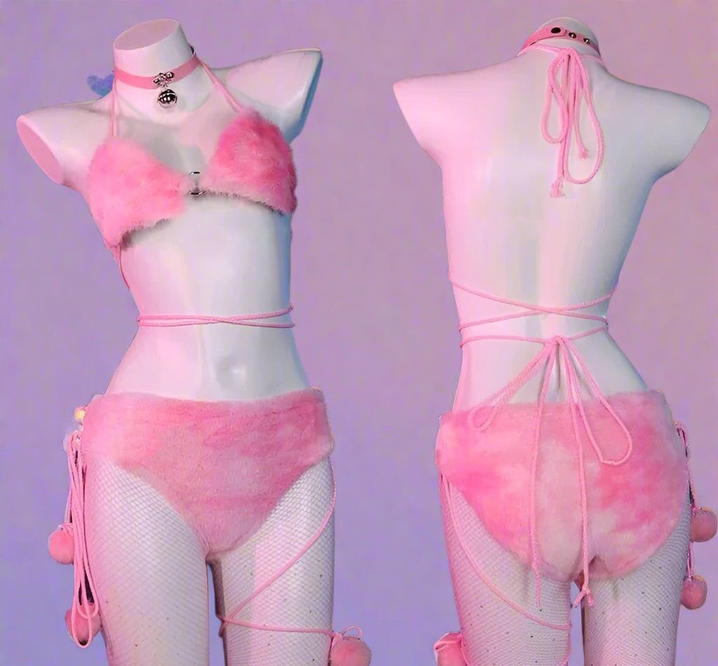 Sweet Purrfection Cosplay Set, pink plush hoodie and bra & panty, front & back views, babygirl vibes