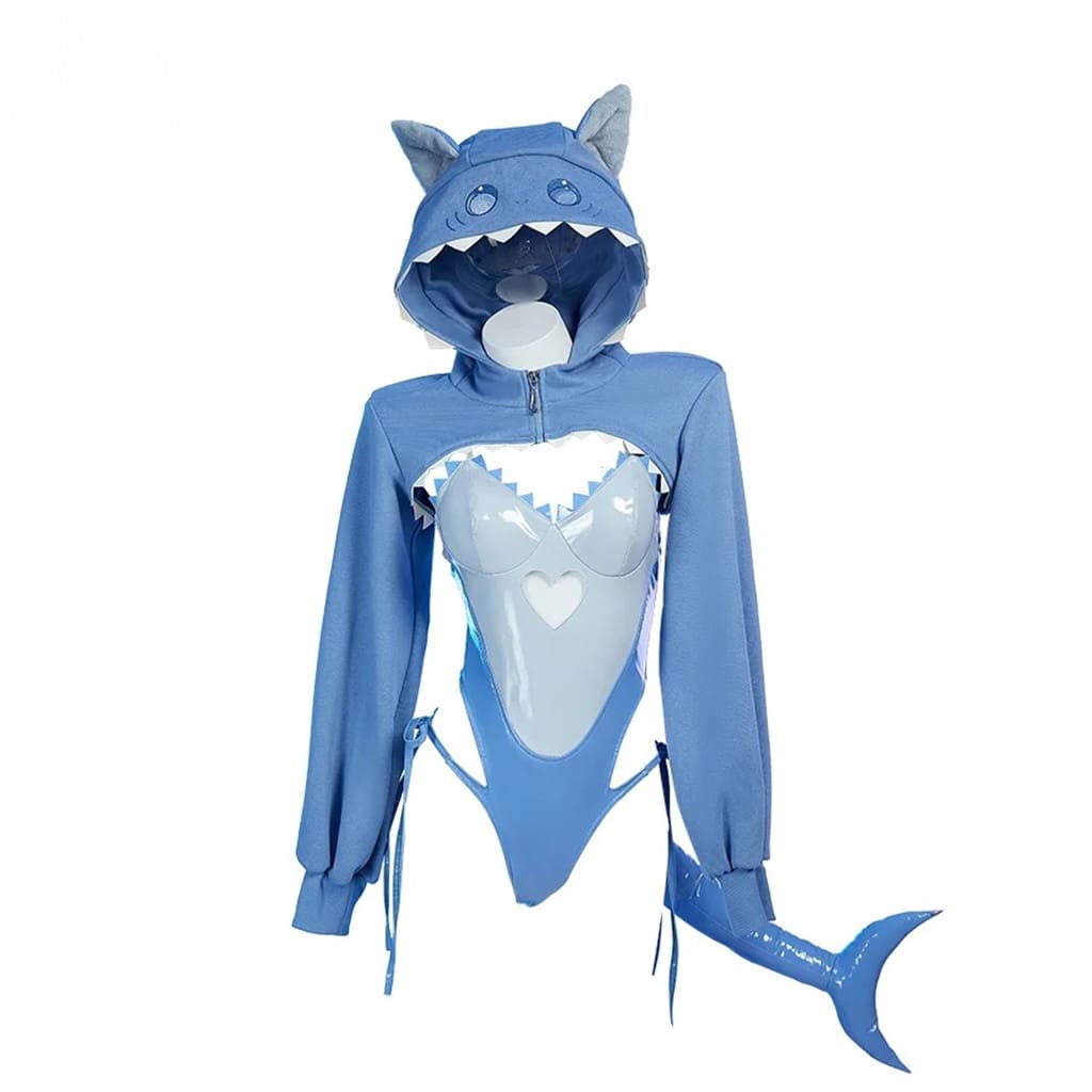 Sweet shark bite playtime outfit in soft blue with hoodie and tail, perfect for kawaii DDLG or littlewear looks