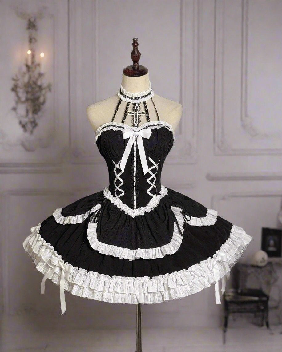 Sweet Squeeze Lolita Mini Corset Party Dress in black and white, cutecore and baddie aesthetic, ABDL & DDLG fantasy outfit