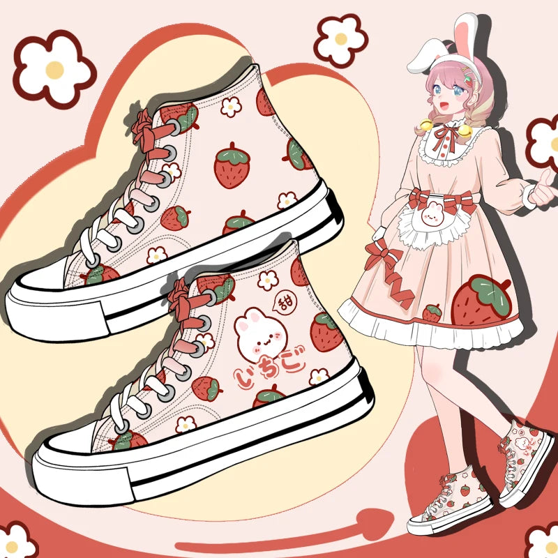 Sweet Strawberry gradient sneakers for kawaii DDLG & ABDL fashion, cute pastel red casual shoes