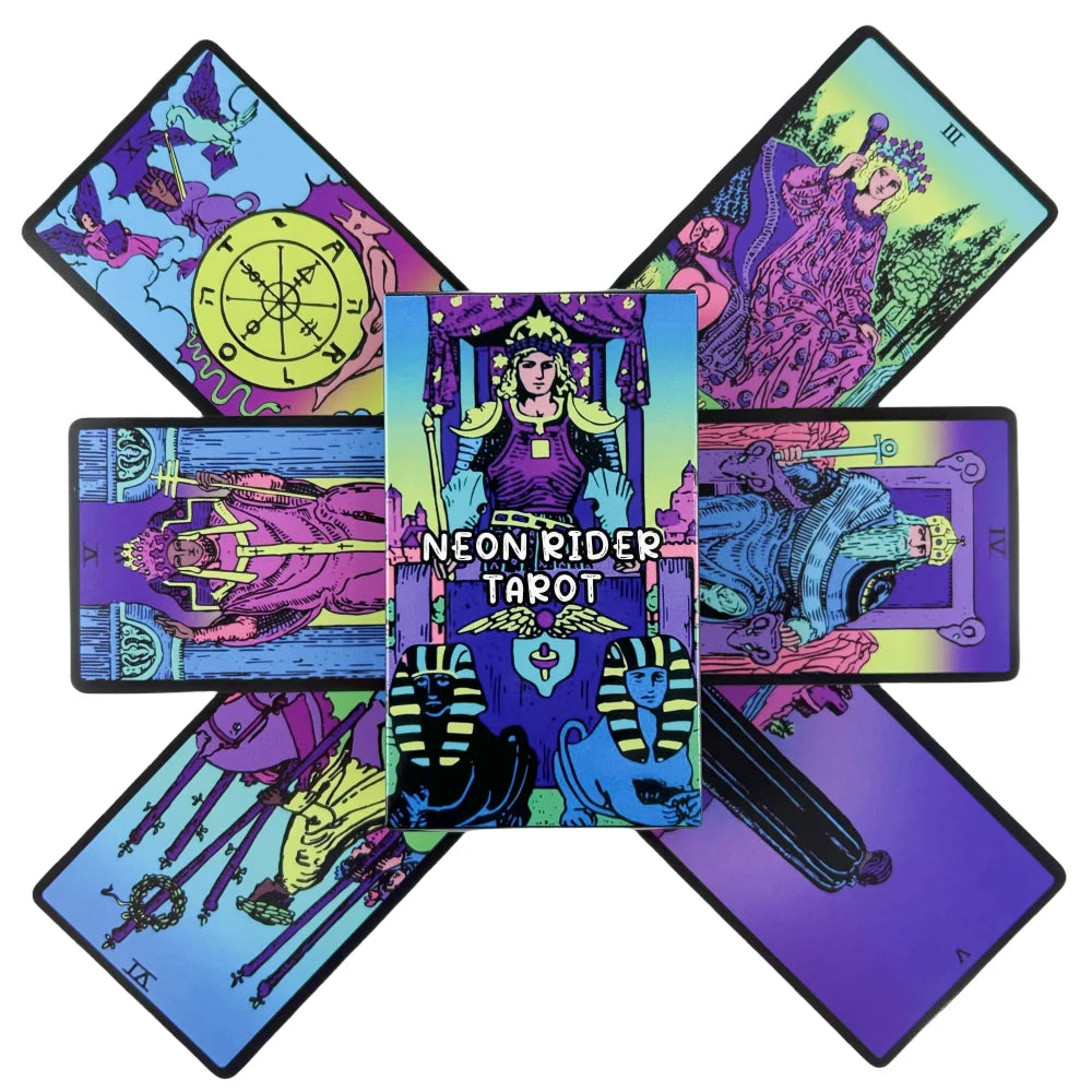 Tarot deck with neon Rider-Waite design and midnight glow, ABDL DDLG kawaii mystical card deck.