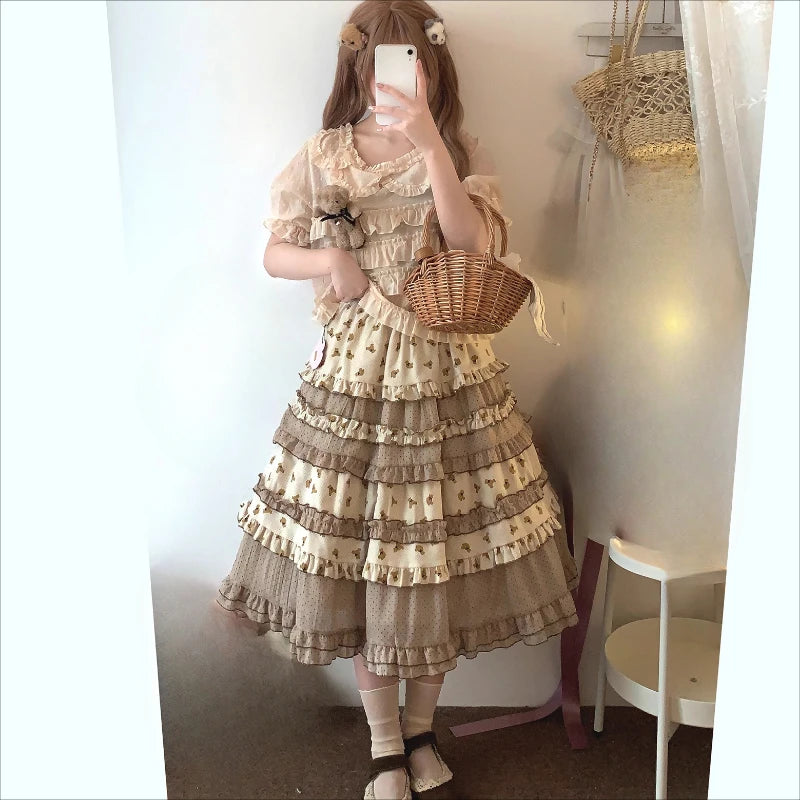 Soft teddy bear print midi skirt for DDLG, kawaii, ABDL, and pastel cutecore fashion