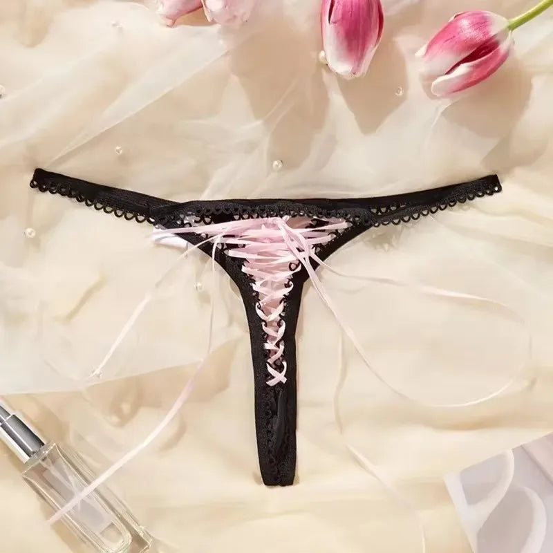Sexy adjustable thong panties mixing sweet pink lace and bold black accents for trendy kawaii and bratty vibes