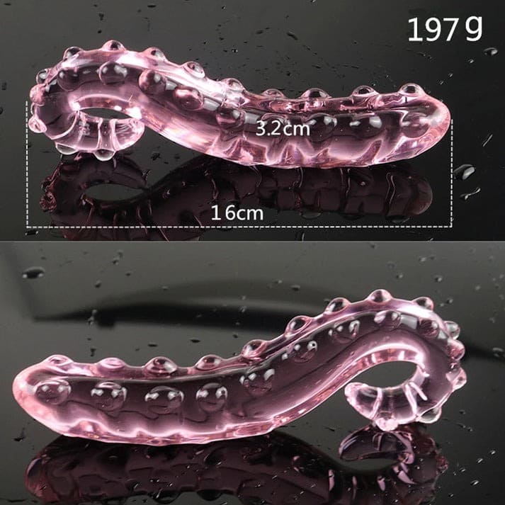 Fantasy tentacle glass wand with curved shape and beaded ridges, ideal for gentle or intense stimulation.