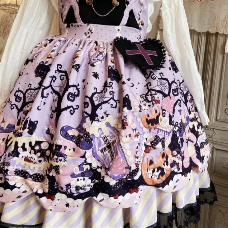 Gothic kawaii Trick or Trouble Halloween Lolita dress with flirty lace and ribbons for cosplay and ABDL fashion