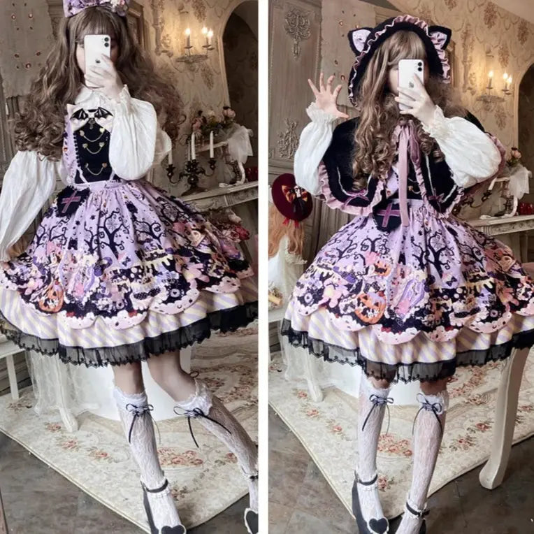 Trick or Trouble Lolita Dress in purple and black with kawaii spooky cute style for DDLG, ABDL, and Halloween