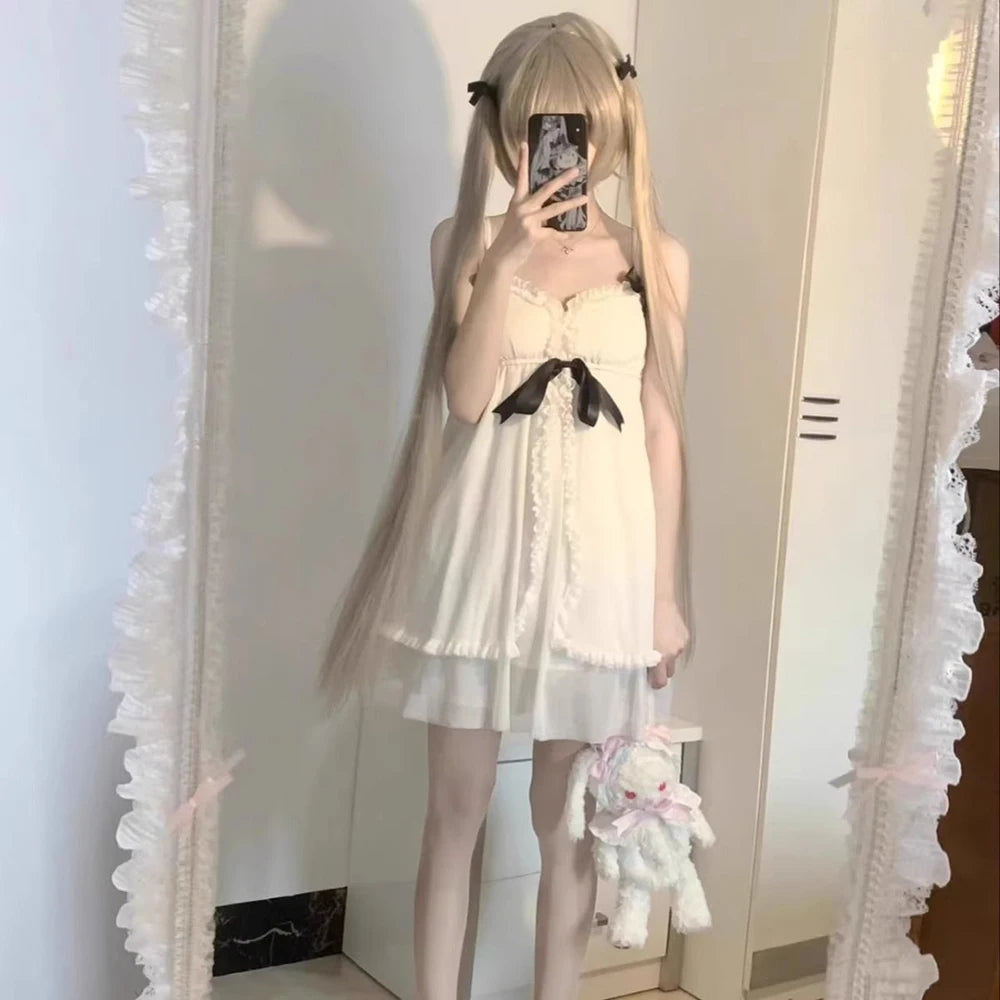 black and white frilly Lolita nightdress with ribbons for soft little-space lounging and playful cutecore vibes