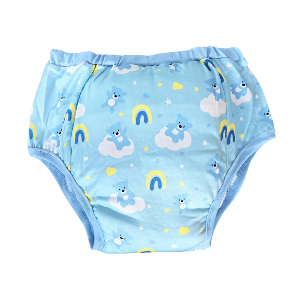 Up in the Clouds Bear Diaper with pastel sky and bear print, soft breathable fabric, and secure elastic fit