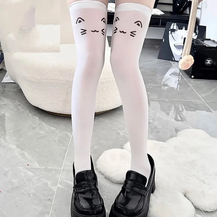 Kawaii face print stockings perfect for soft cosplay, cutecore fashion, and playful littlespace dressing.