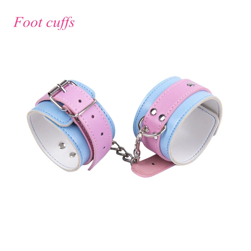 Soft vegan leather bubblegum cuffs in pink & blue for DDLG or adult baby roleplay fun