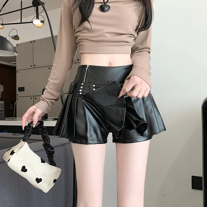 Vegan Leather Grunge Doll Skirt, high-waisted black skirt with distressed details and cutecore charm