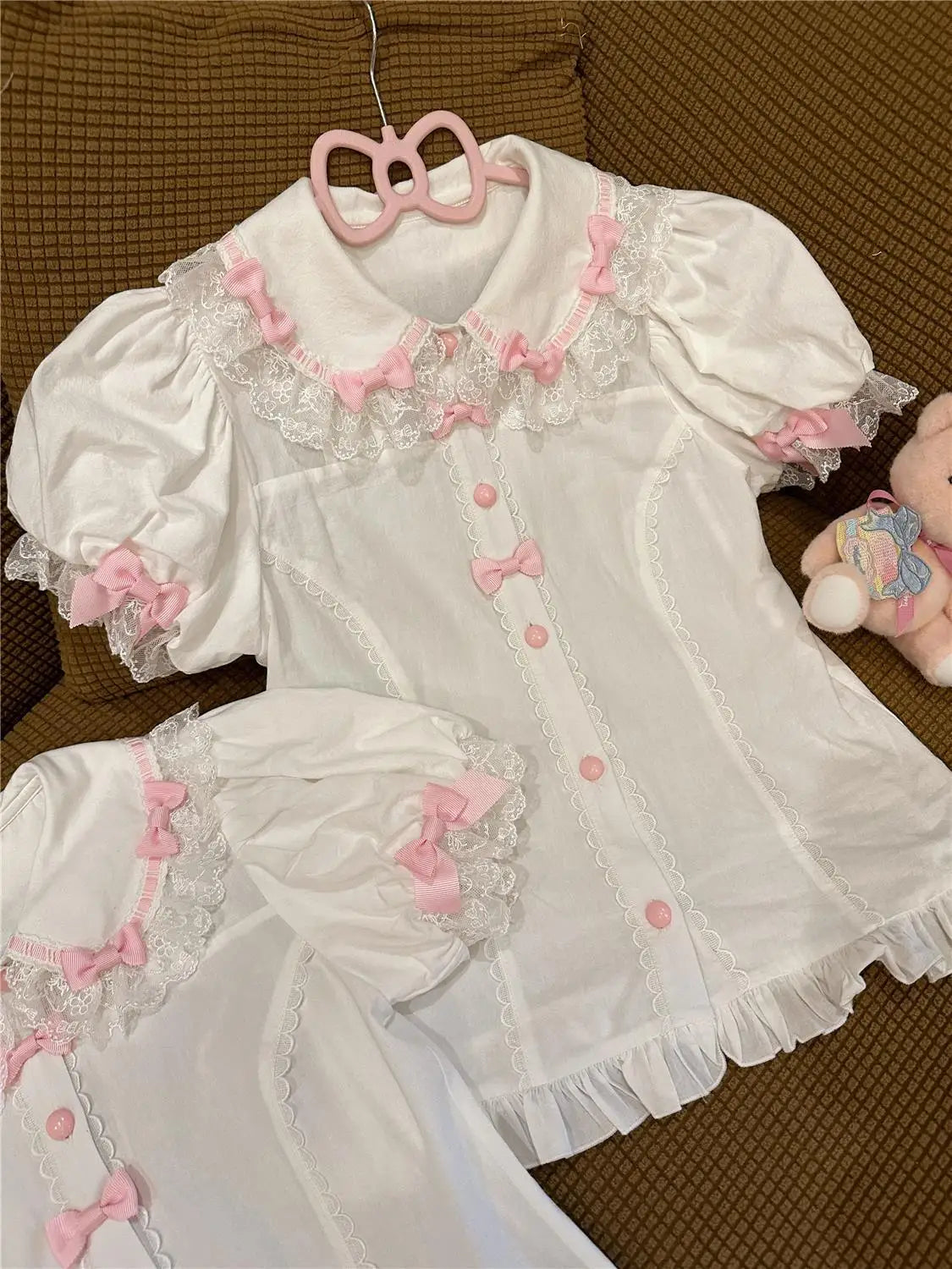 Versatile kawaii Lolita blouse with pastel pink bows and Peter Pan collar