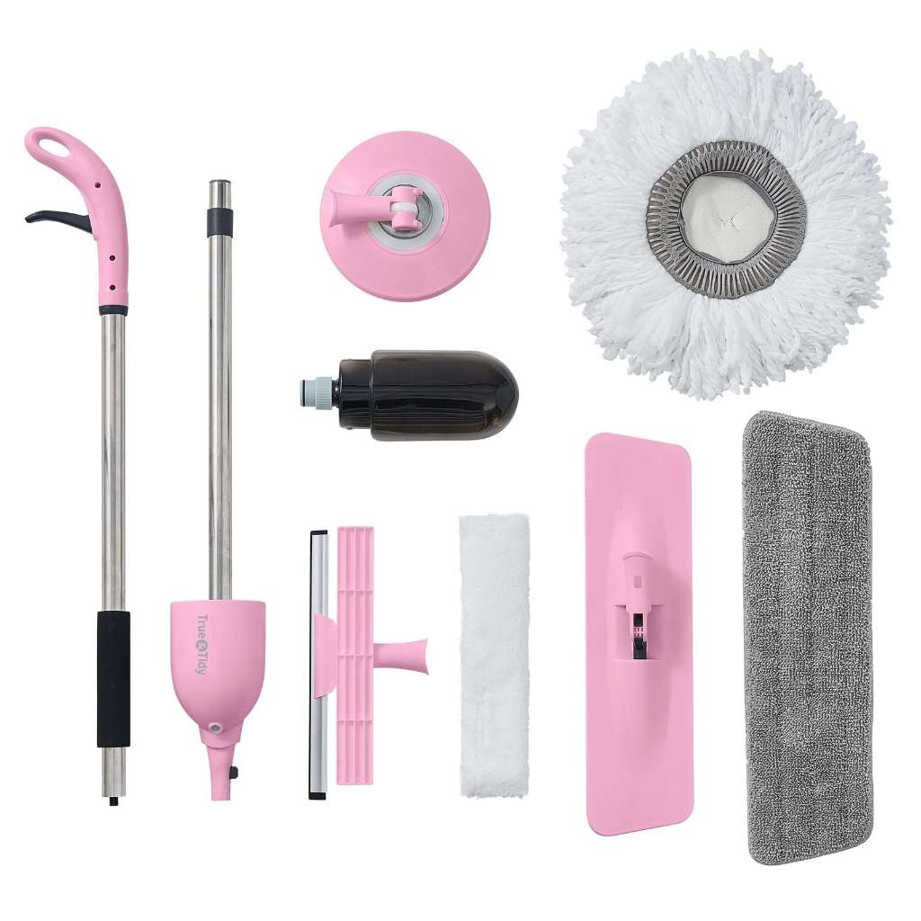 Versatile pink mop with multi-surface heads for tile, wood, and glass cleaning