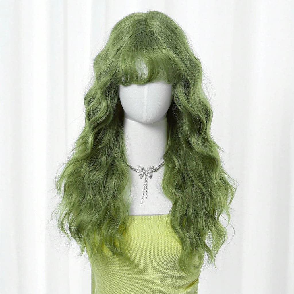 Vibrant green wig featuring cute bangs and flowing style over 26 inches, easy to style and maintain