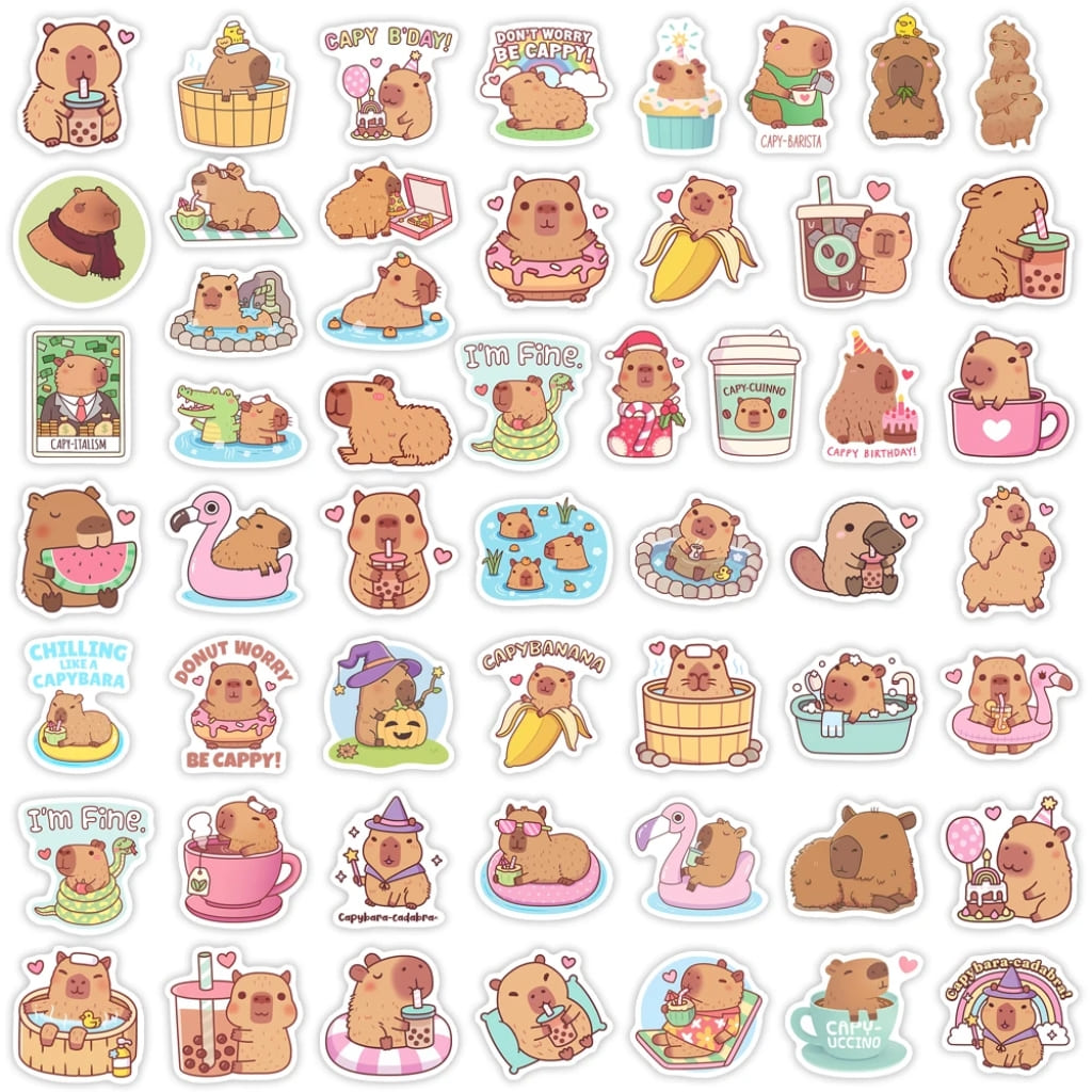 Durable vinyl capybara sticker pack, waterproof and adorable, great for decorating mirrors, journals, and tech.
