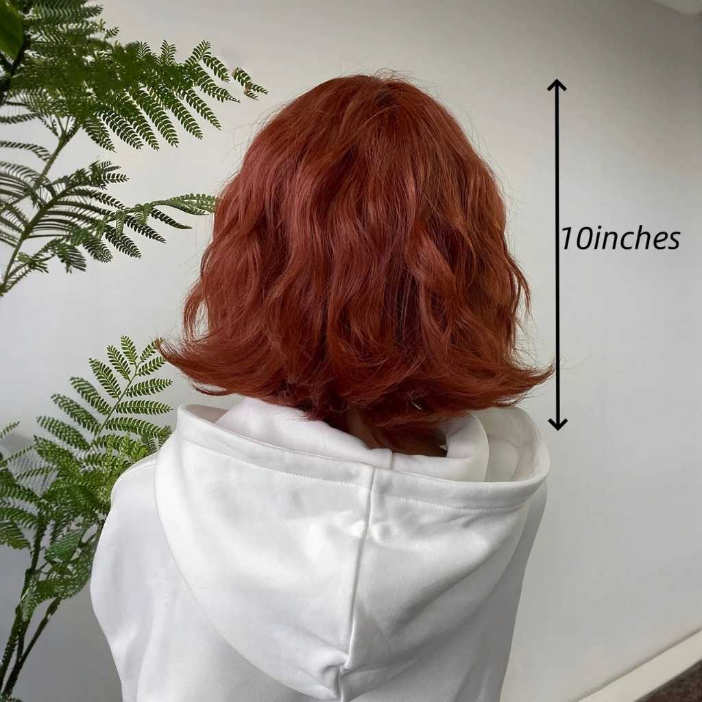 Kawaii red wavy bob wig with fluffy bangs, perfect for ddlg or little space fashion