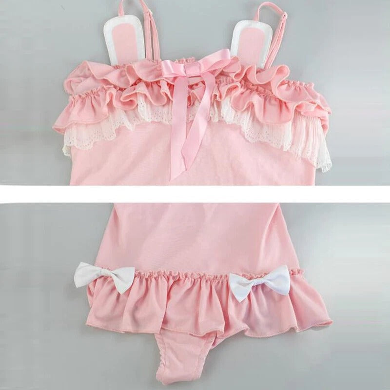 whimsical pastel bunny play onesie with frilly layers, bows, and 3D ears magical little-space outfit
