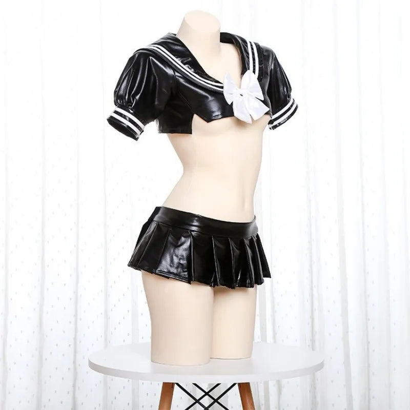 White black latex crop top and micro skirt set sexy schoolgirl baddie DDLG fantasy