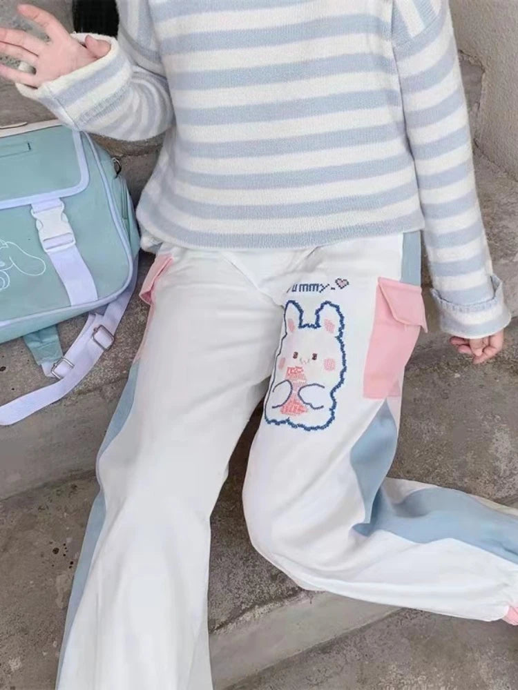 White pastel bunny sweatpants featuring candy drip details, perfect for kawaii and DDLG babycore outfits