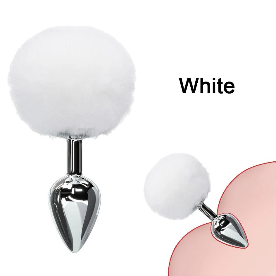 White fluffy bunny tail roleplay plug with small stainless steel plug for comfortable, safe wear