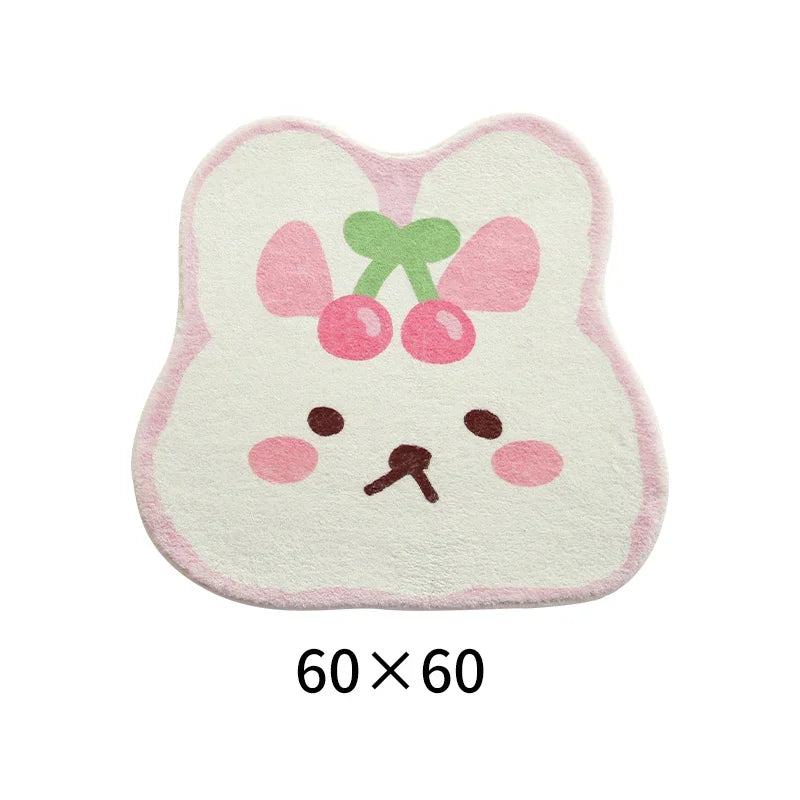 White bunny with two cherries on head kawaii rug, pastel cartoon style for cozy rooms