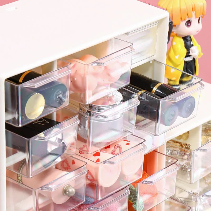 White kawaii desk organizer in use holding jewelry, makeup, and ABDL essentials for little space aesthetics π