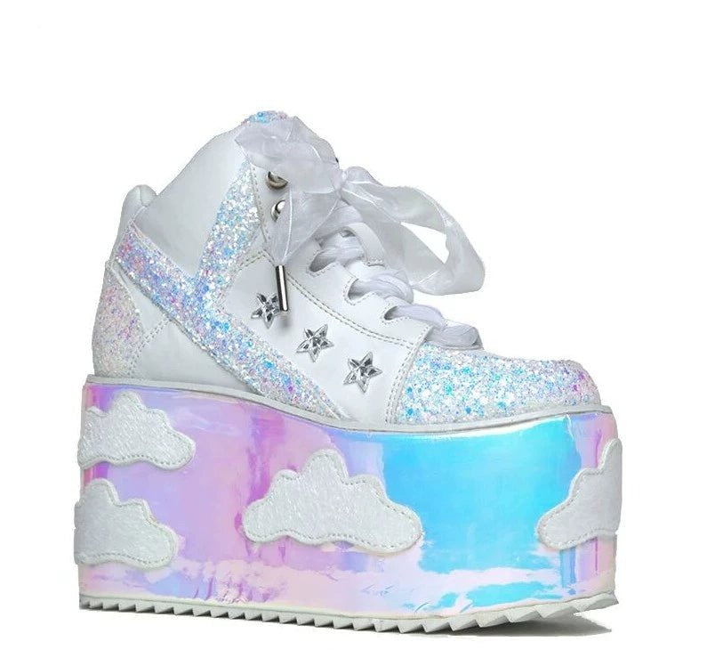 White holographic Sky Princess Doll Platforms for DDLG, ABDL, kawaii fashion, and little space roleplay