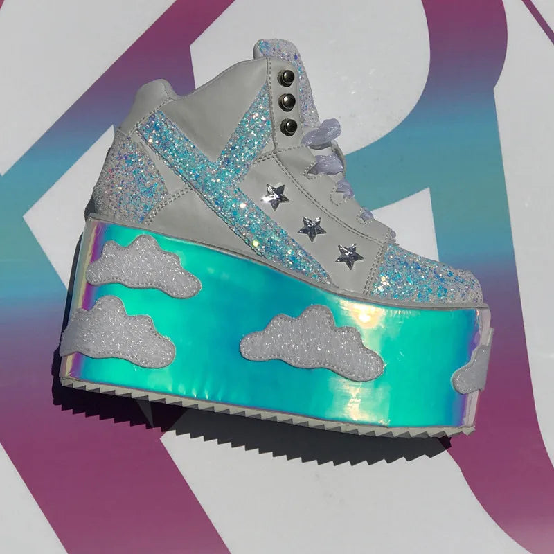 White holographic fantasycore platforms for DDLG littles, angelcore style, and kawaii doll play