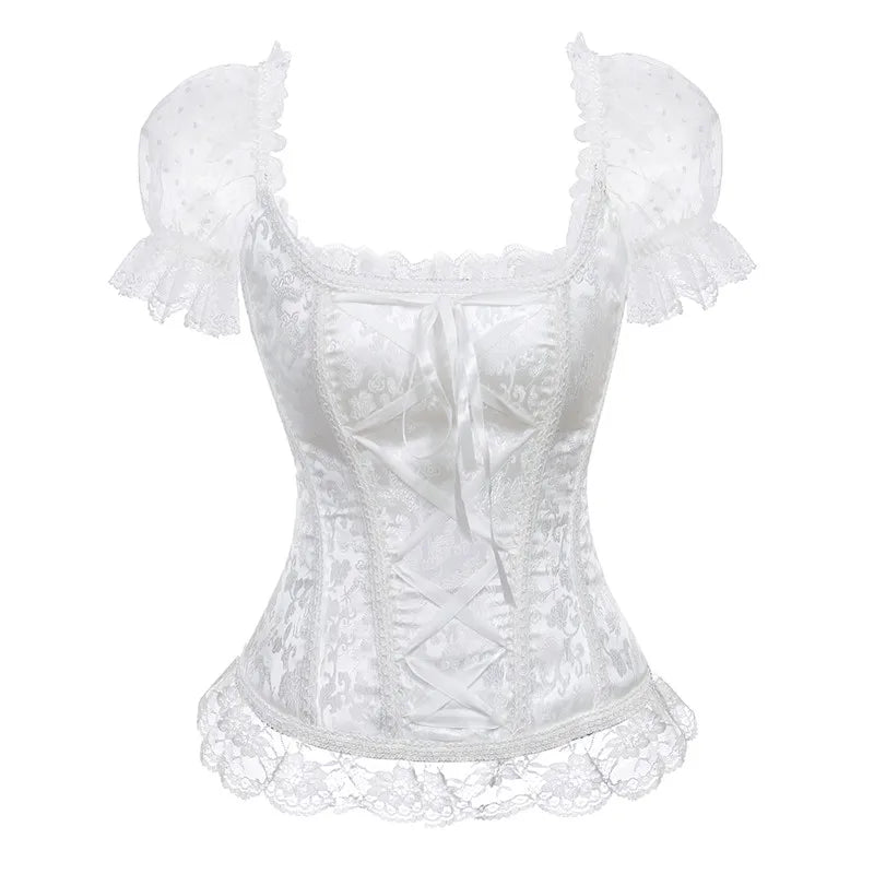 White lace corset top with puff sleeves and structured fit for romantic styling