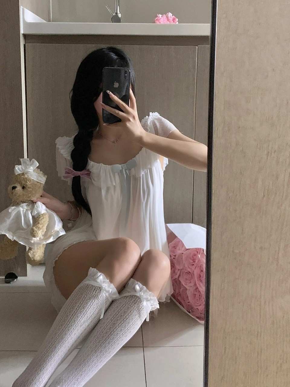 White Lullaby Pajama Set, comfy kawaii loungewear with pastel frill details for DDLG and ABDL outfits