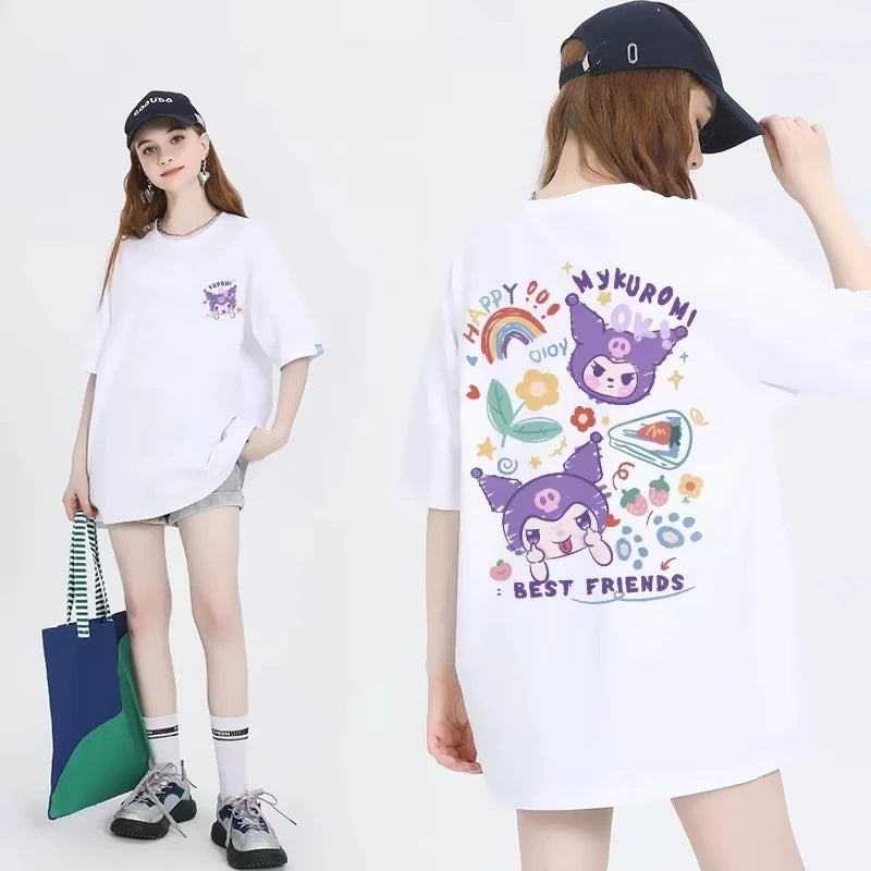 Cute white tee with Happy Nykuromi best friends graphic in a soft pastel kawaii aesthetic