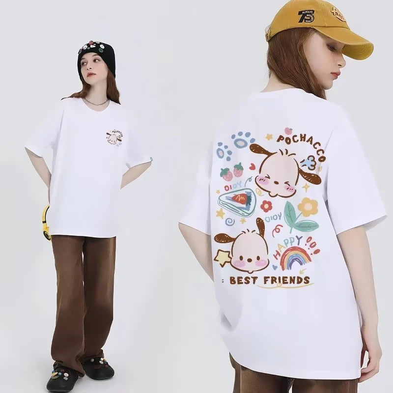 White Pochacco best friends tee with happy pastel design made for kawaii lovers
