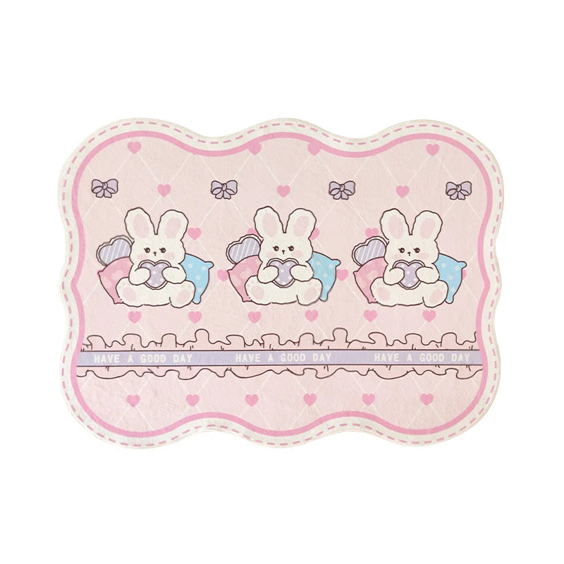 white rabbit resting on pillows holding purple heart pillow with pink hearts background